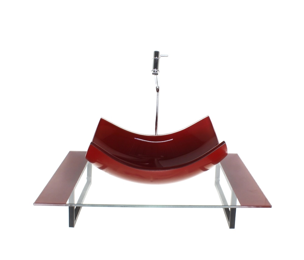 Kit Cuba De Vidro Retangular Curvada Com Tampo 60cm Vermelho Cereja E Suporte Torneira Valvula