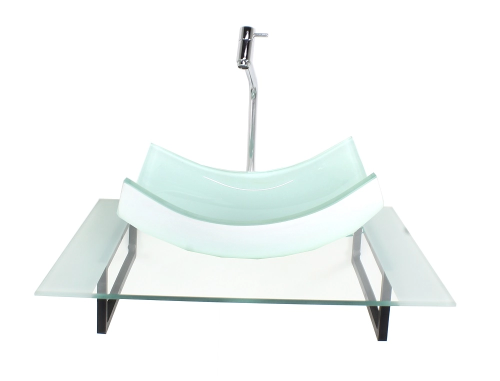 Kit Cuba De Vidro Retangular Curvada Com Tampo 60cm Branco E Suporte Torneira Valvula