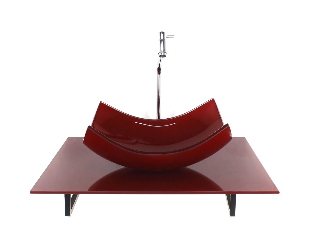 Kit Cuba De Vidro Retangular Curvada Com Tampo 60cm Vermelho Cereja Full E Suporte Torneira Valvula