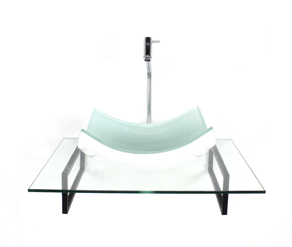 Kit Cuba De Vidro Retangular Curvada Branca Com Tampo 60cm Incolor E Suporte Torneira Valvula