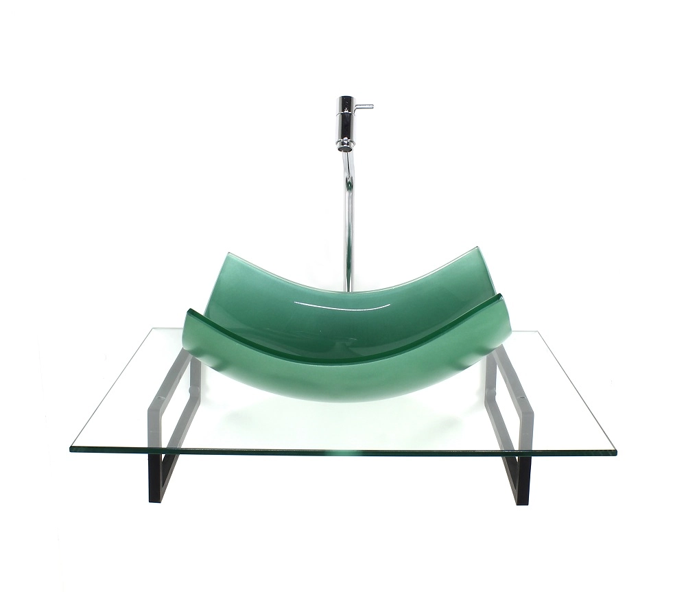 Kit Cuba De Vidro Retangular Curvada Verde Com Tampo 60cm Incolor E Suporte Torneira Valvula