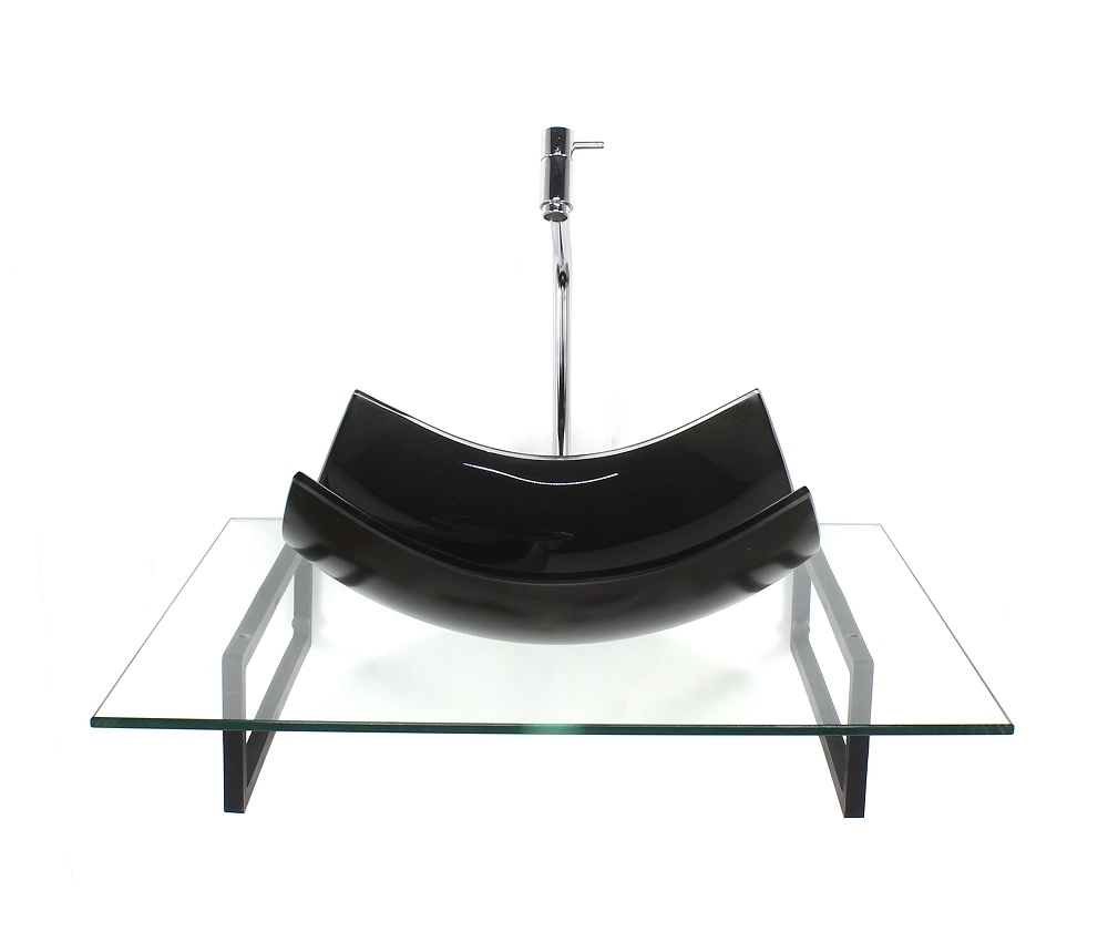 Kit Cuba De Vidro Retangular Curvada Grafite Com Tampo 60cm Incolor E Suporte Torneira Valvula
