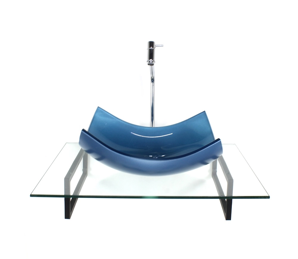 Kit Cuba De Vidro Retangular Curvada Azul Com Tampo 60cm Incolor E Suporte Torneira Valvula