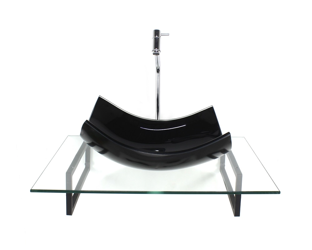 Kit Cuba De Vidro Retangular Curvada Preta Com Tampo 60cm Incolor E Suporte Torneira Valvula