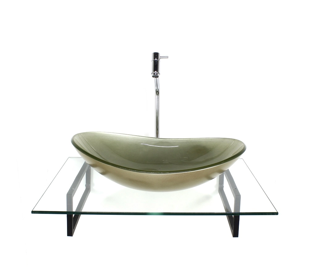 Kit Cuba De Vidro Oval Champanhe Com Tampo 60cm Incolor E Suporte Torneira Valvula