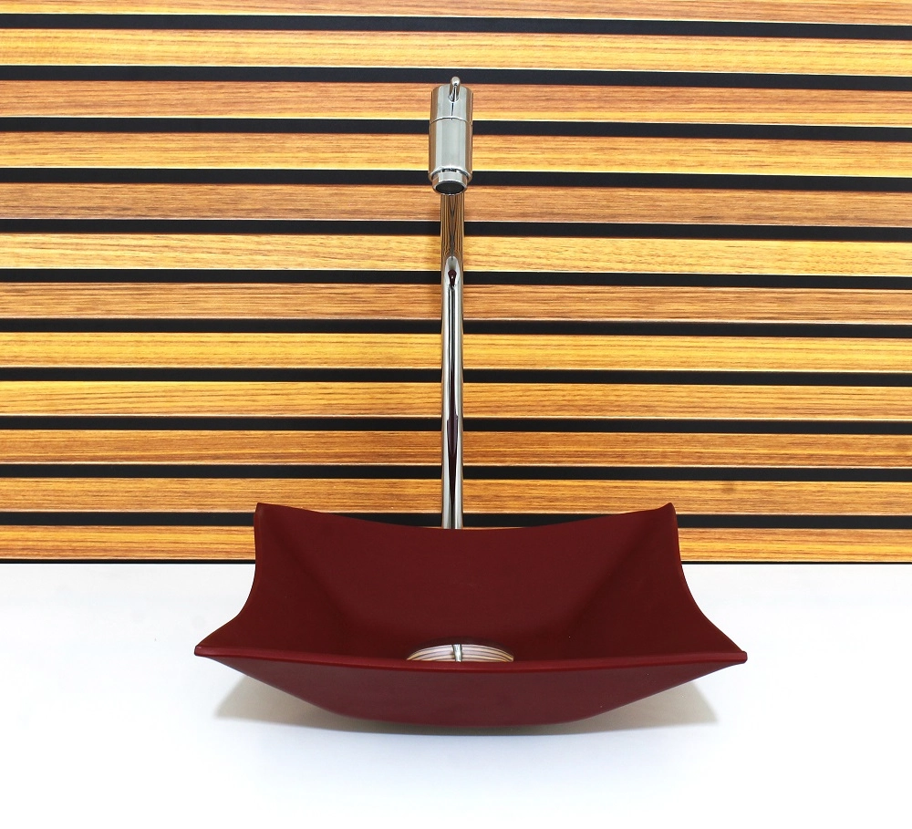 Cuba Vidro Quadrada 31cm Vermelho Fosco Com Torneira E Valvula