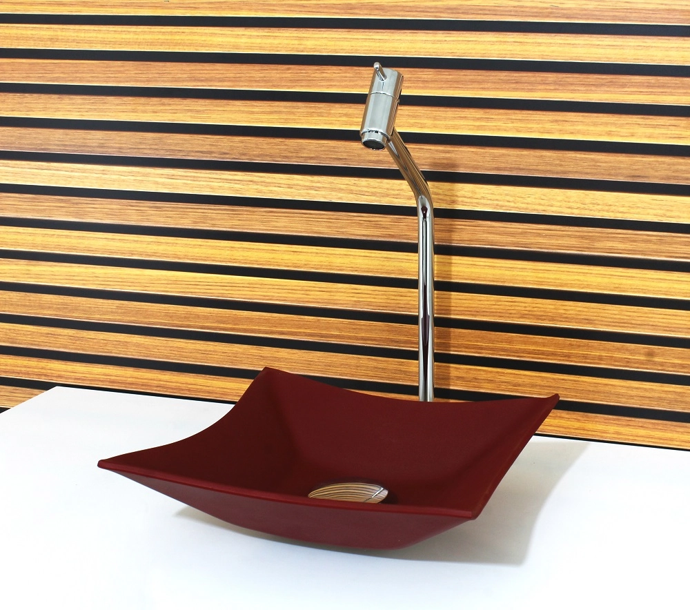 Cuba Vidro Quadrada 34cm Vermelho Fosco Com Torneira E Valvula