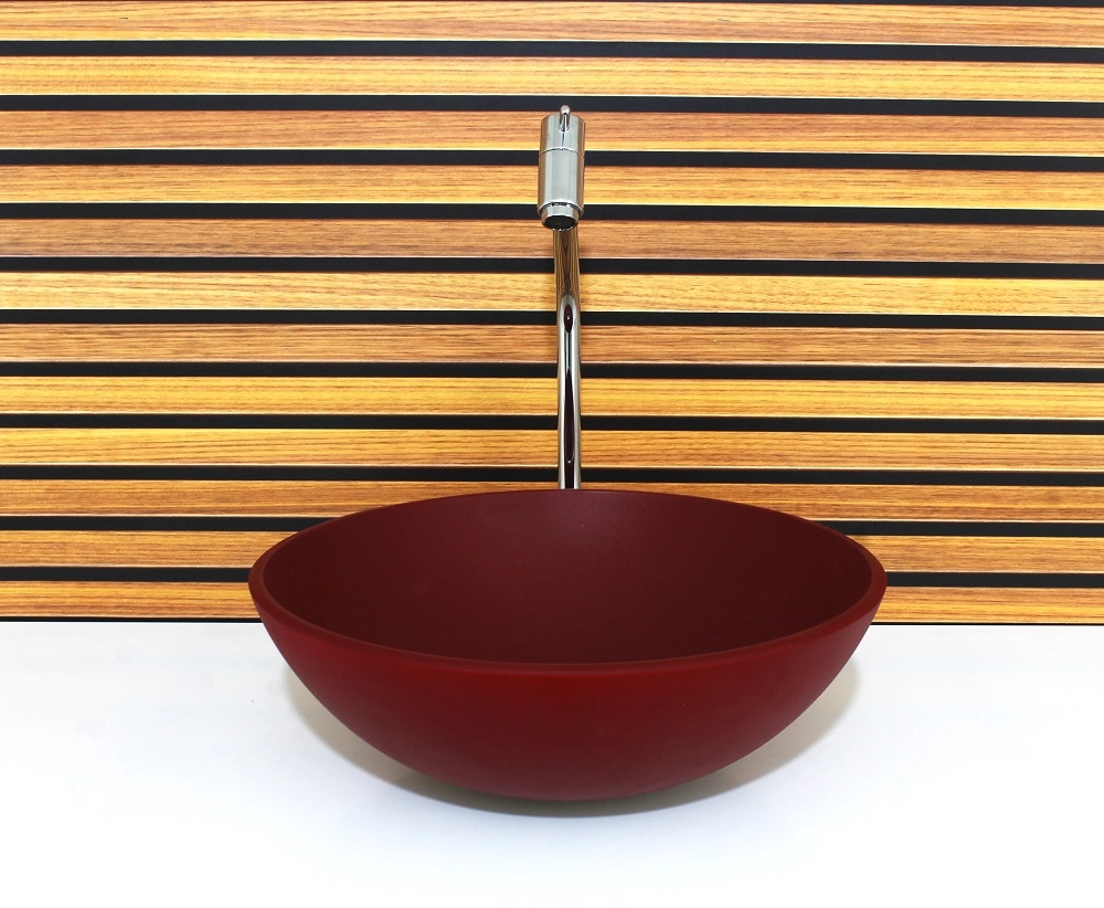 Cuba Vidro Redonda 42cm Vermelho Fosco Com Torneira E Valvula