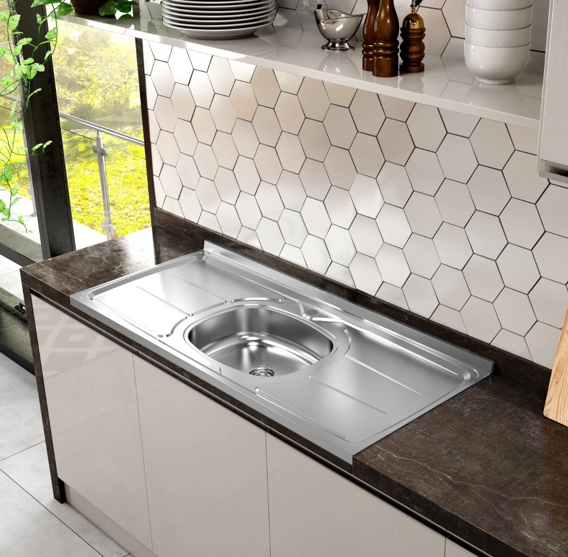 Pia De Cozinha Em Aço Inox De 120cm Cuba Para Esquerda Concretada Sem Escorredor Bali Com Válvula Inox
