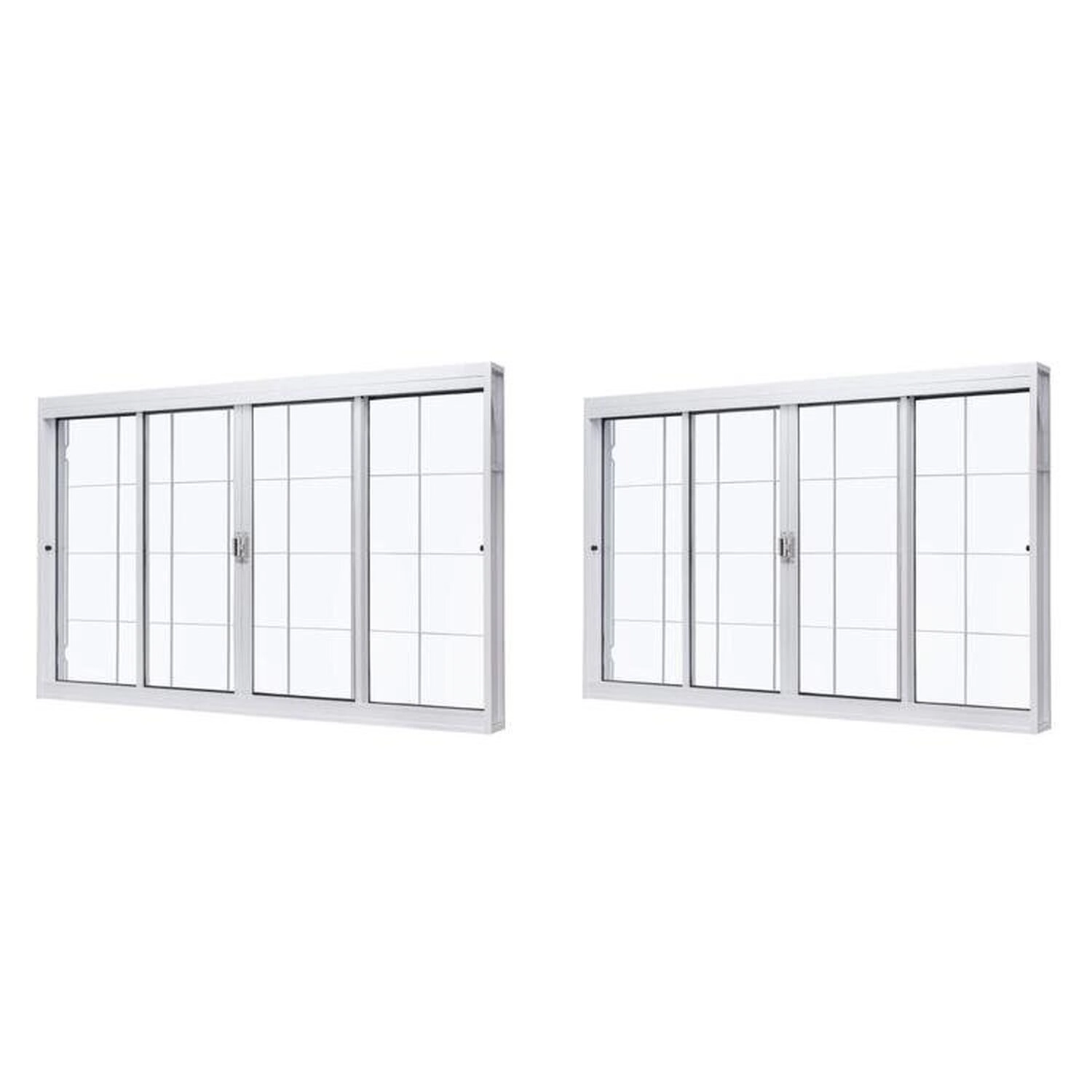 Kit Com 2 Janelas De Aço De Correr Central 100x120cm 4 Folhas Com Grade Quadriculada E Vidro Liso Branco