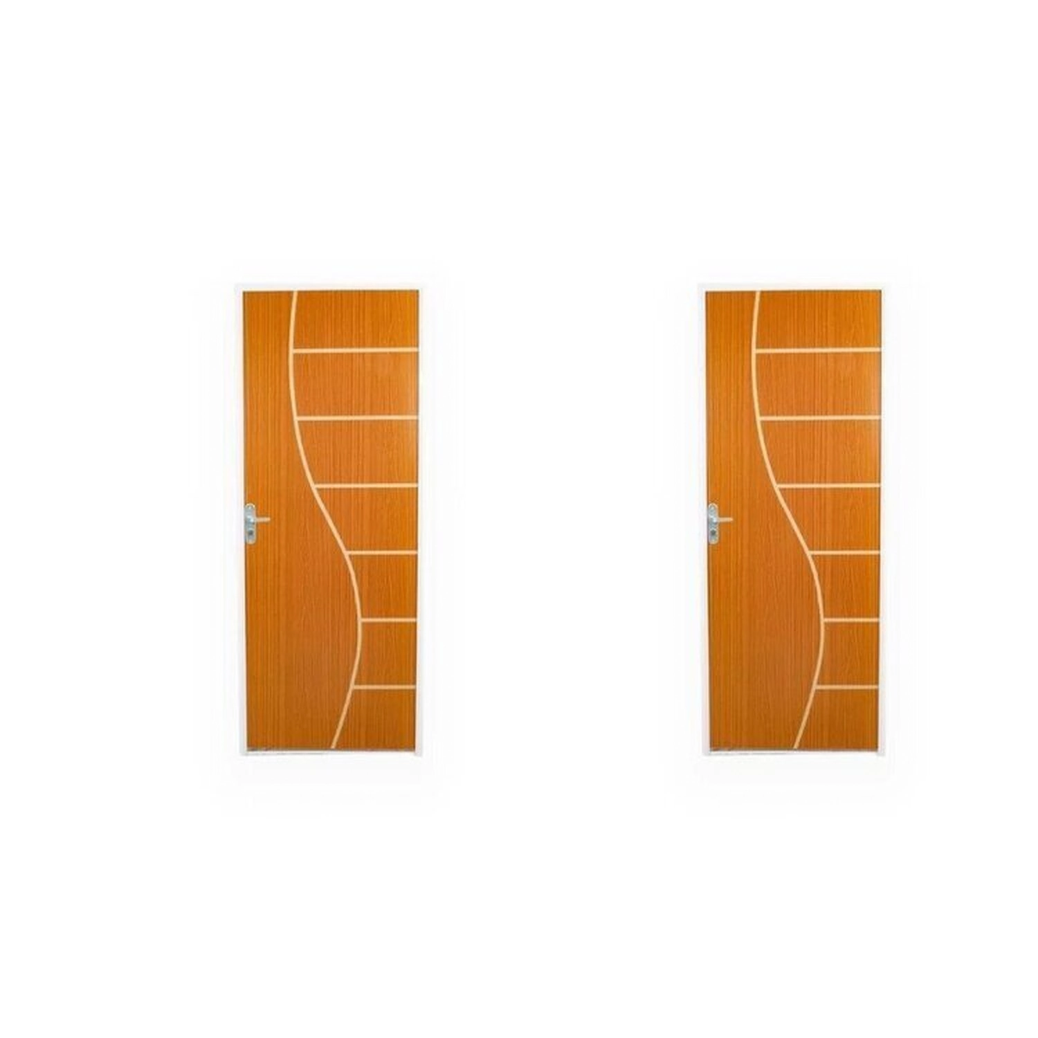 2 Kits Porta De Madeira Decorada 215x75cm Com Batente De Aço 6cm Cantareira Mogno