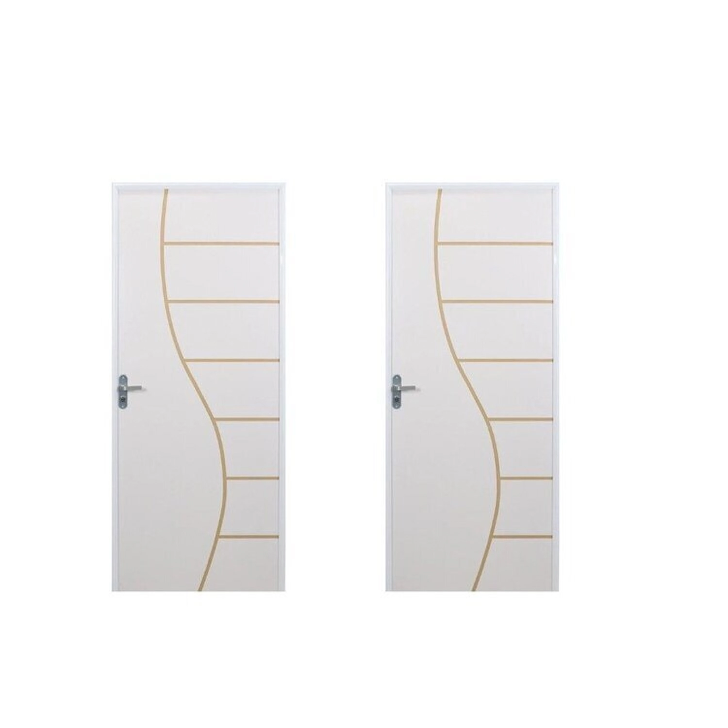 2 Kits Porta De Madeira Decorada 215x75cm Com Batente De Aço 06cm Cantareira Branco