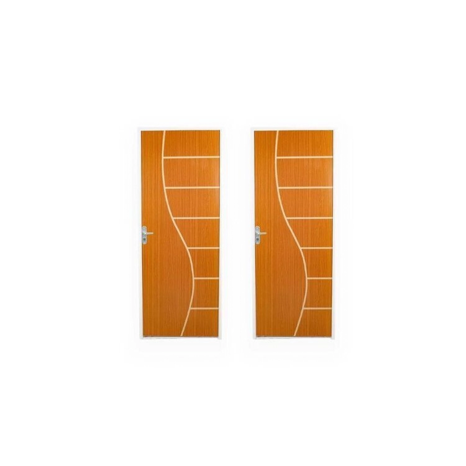 2 Kits Porta De Madeira Decorada 215x85cm Com Batente De Aço 06cm Cantareira Abertura Direita Mogno