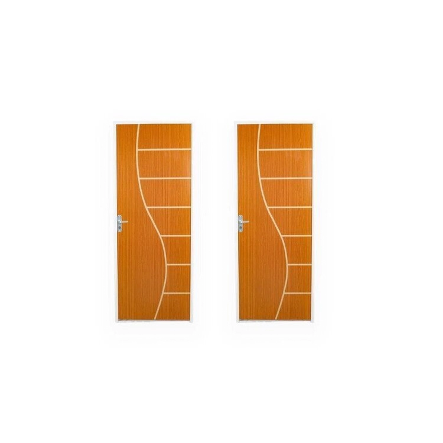 2 Kits Porta De Madeira Decorada 215x85cm Com Batente De Aço 06cm Cantareira Abertura Esquerda Mogno