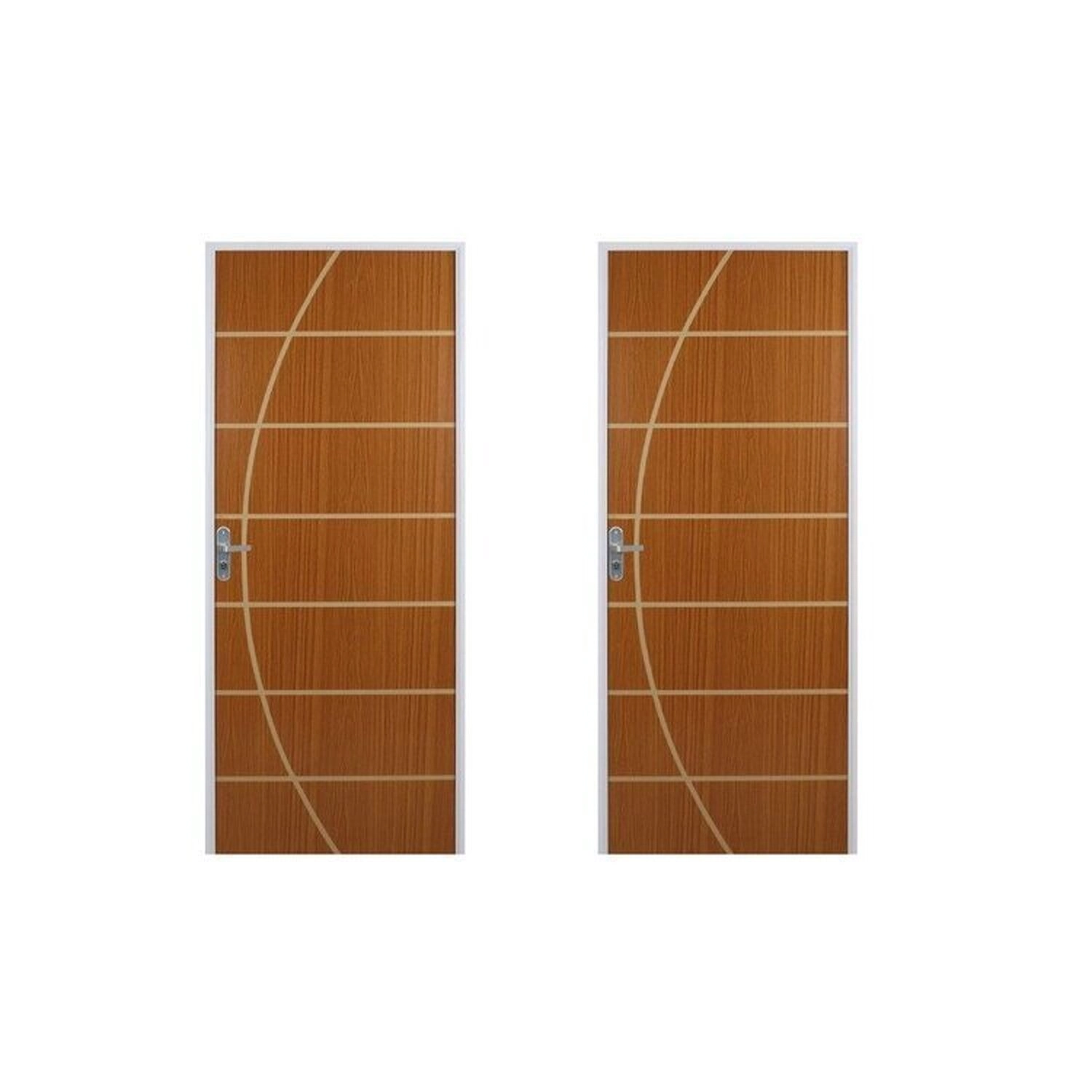2 Kits Porta De Madeira Decorada 215x85cm Com Batente De Aço 06cm Neblina Abertura Esquerda Mogno