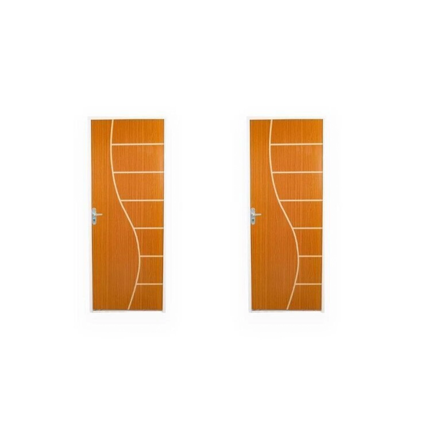 2 Kits Porta De Madeira Decorada 215x65cm Com Batente De Aço 06cm Cantareira Mogno