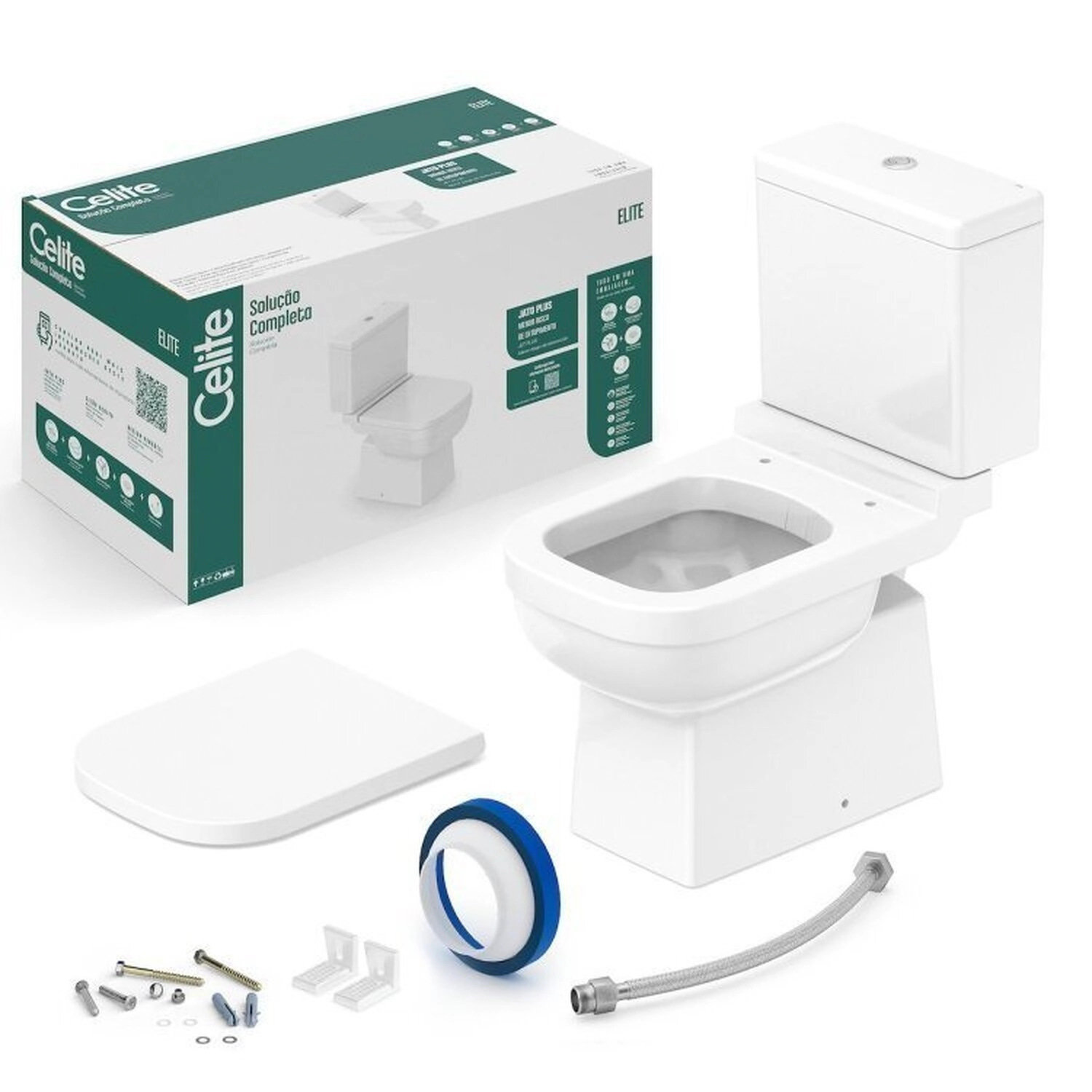 Kit 5 Vasos Sanitário Com Caixa Acoplada E Assento Soft Close Elite Celite Branco Brilhante