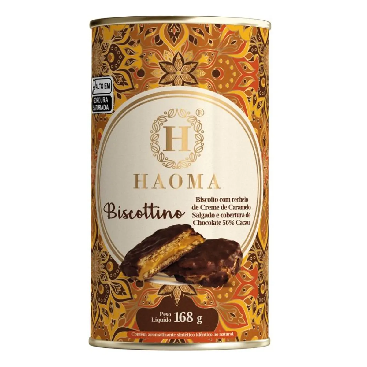 Biscoito Recheio Creme De Caramelo Salgado Cobertura Chocolate 56 Cacau Haoma Biscottino Lata 168g