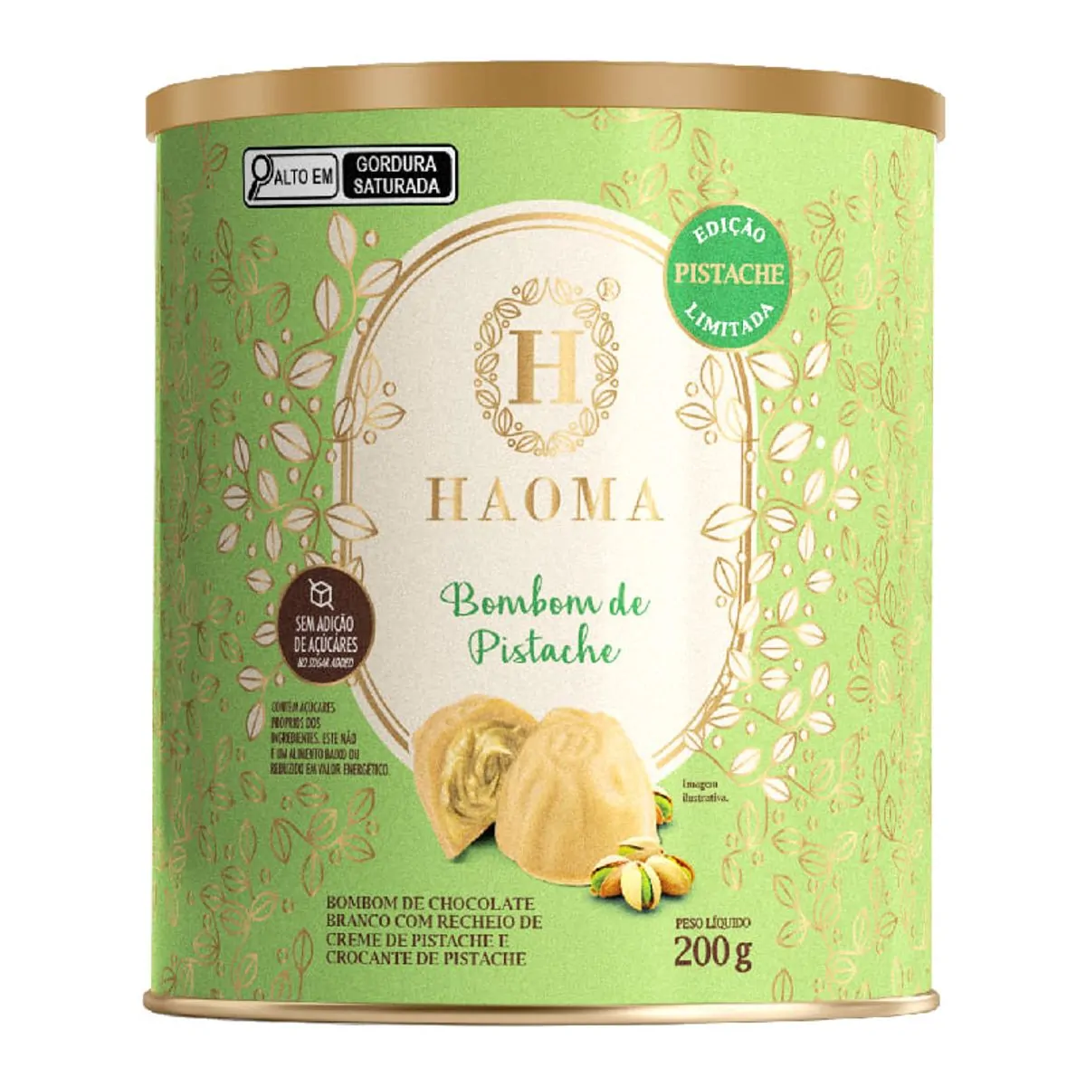 Bombom Branco Recheio Creme E Crocante De Pistache Zero Lactose Haoma Lata 200g