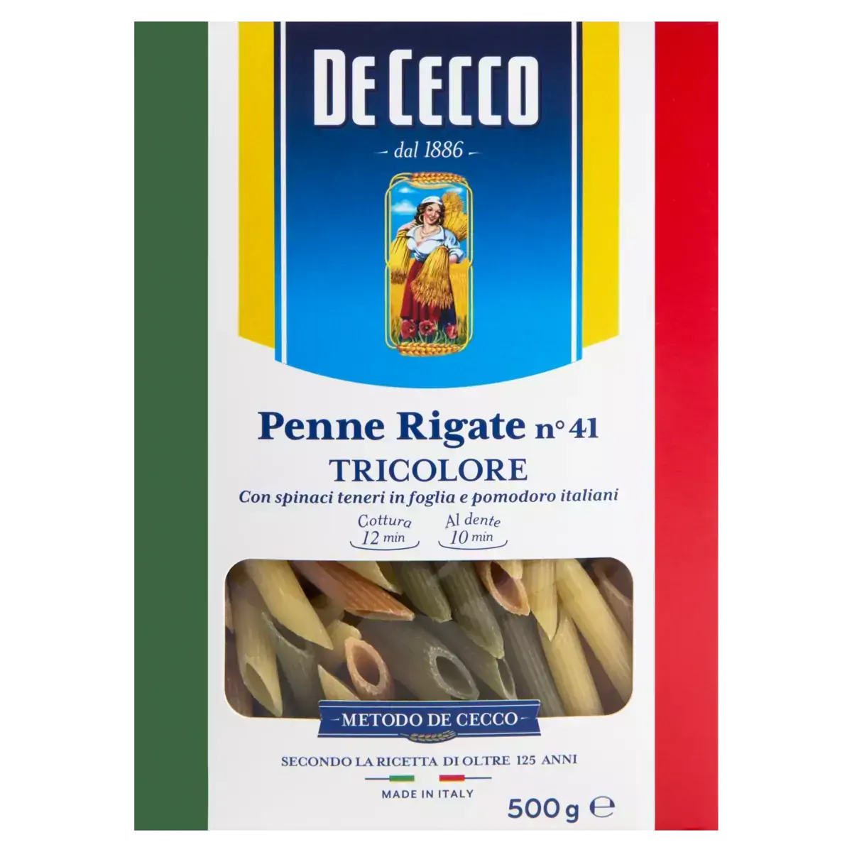 Macarrão de Sêmola Grano Duro Tricolor com Vegetais Penne Rigate 41 De Cecco Caixa 500g