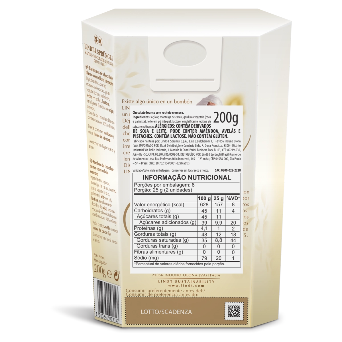 Chocolate Italiano Branco Recheio Cremoso Lindt Lindor Caixa 200g