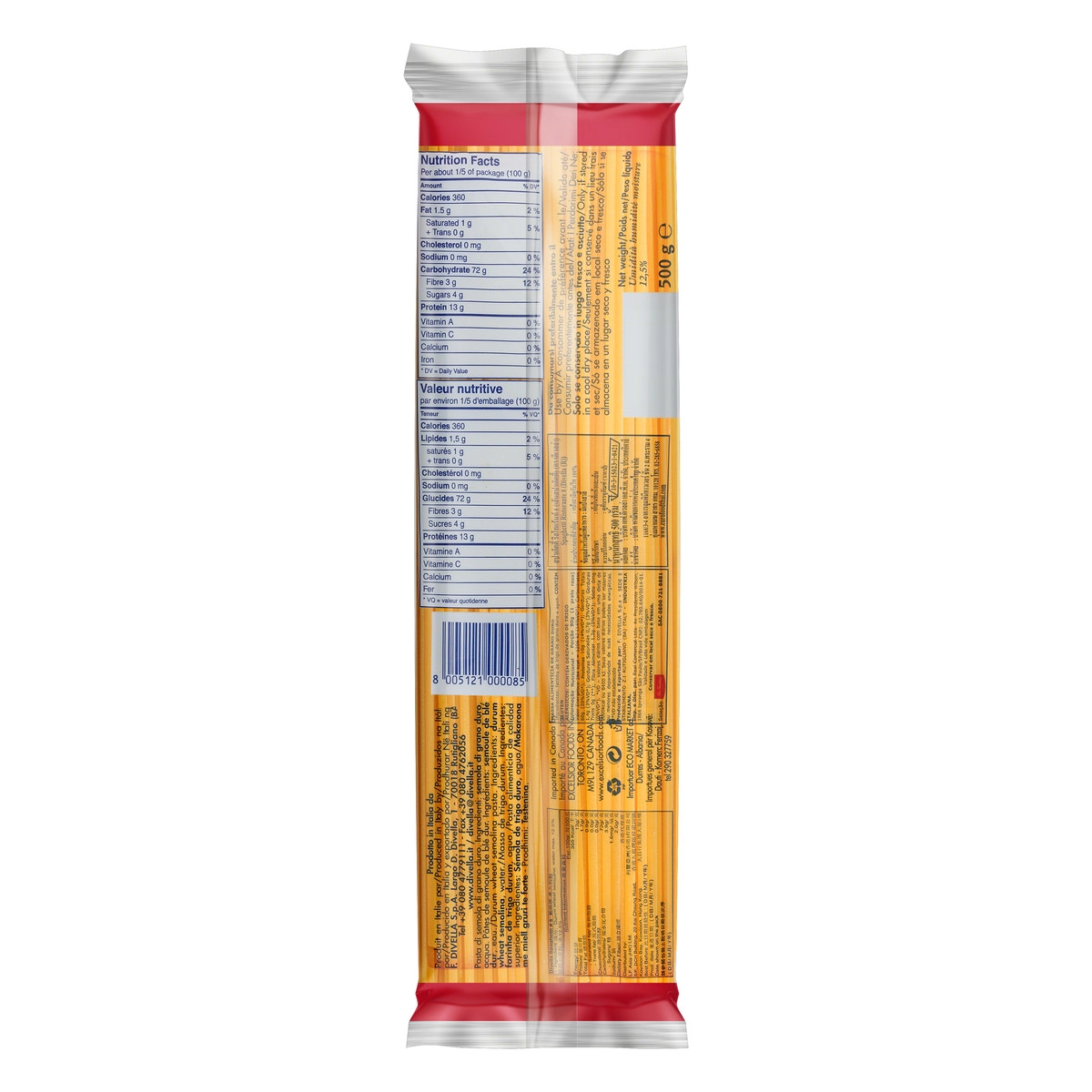 Macarrão De Sêmola Grano Duro Spaghetti Ristorante 8 Divella Pacote 500g