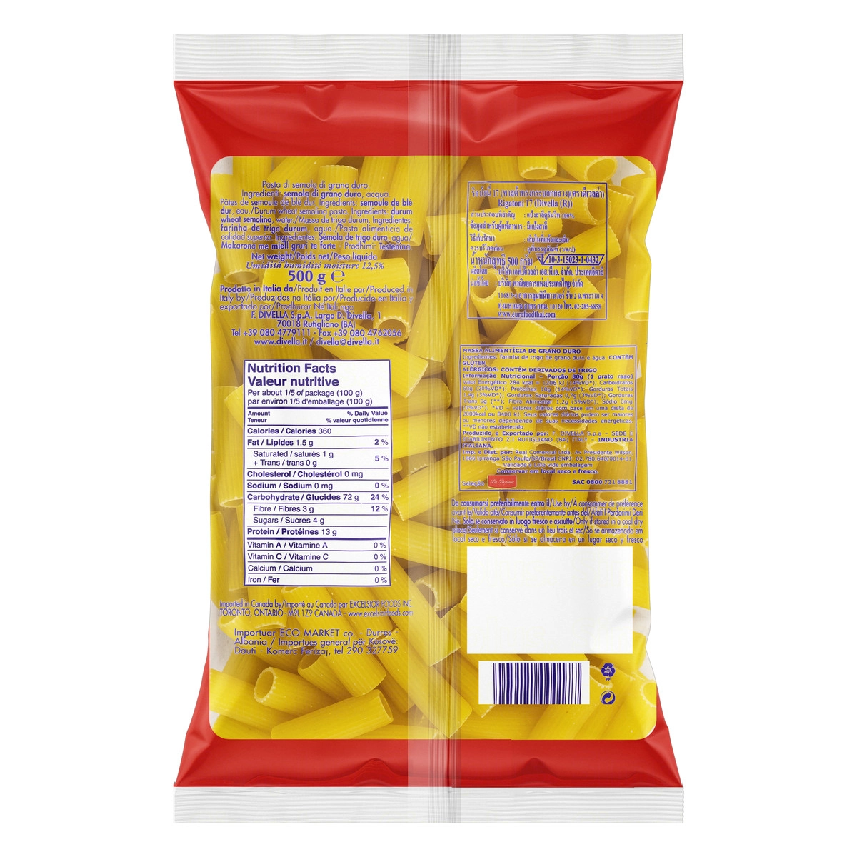 Macarrão De Sêmola Grano Duro Rigatoni 17 Divella Pacote 500g
