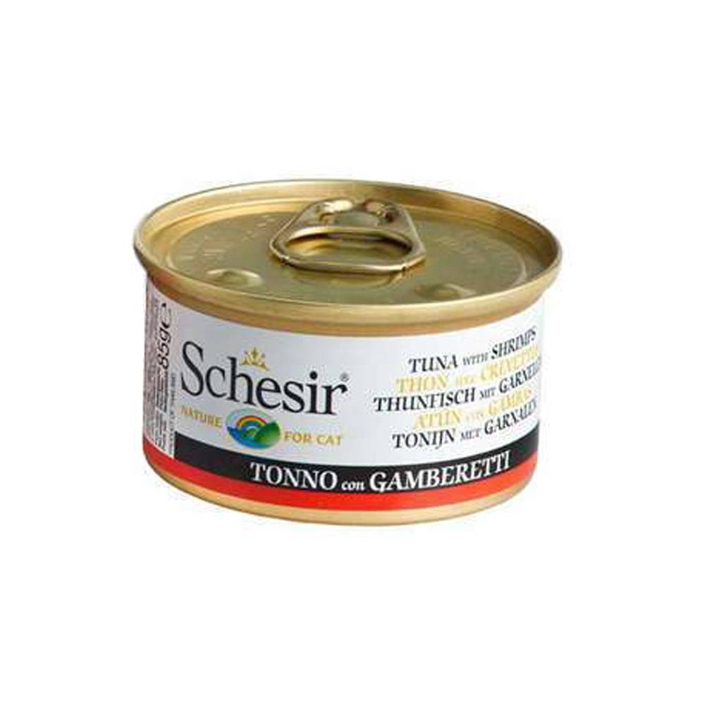 Ração úmida Lata Schesir Para Gatos Sabor Atum E Camarão 85g