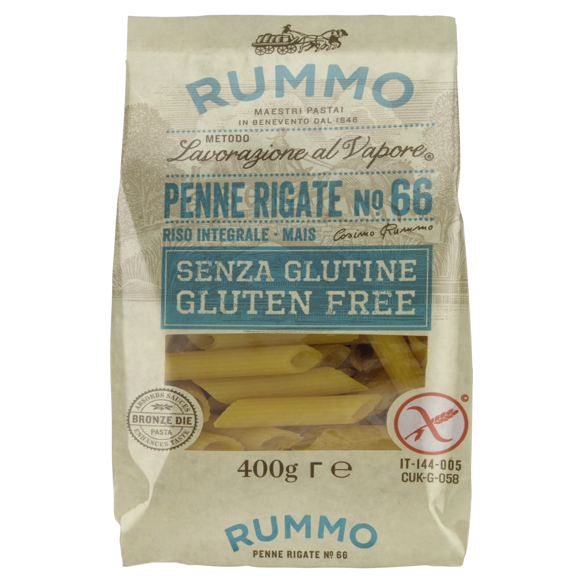 Macarrão De Milho E Arroz Penne Rigate 66 Rummo Lavorazione Al Vapore Pacote 400g
