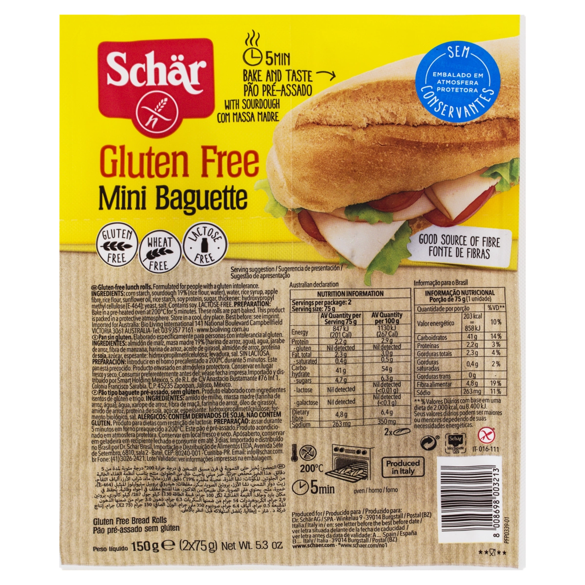 Pão Baguete Pré Assado Sem Glúten Zero Lactose Schär Pacote 150g