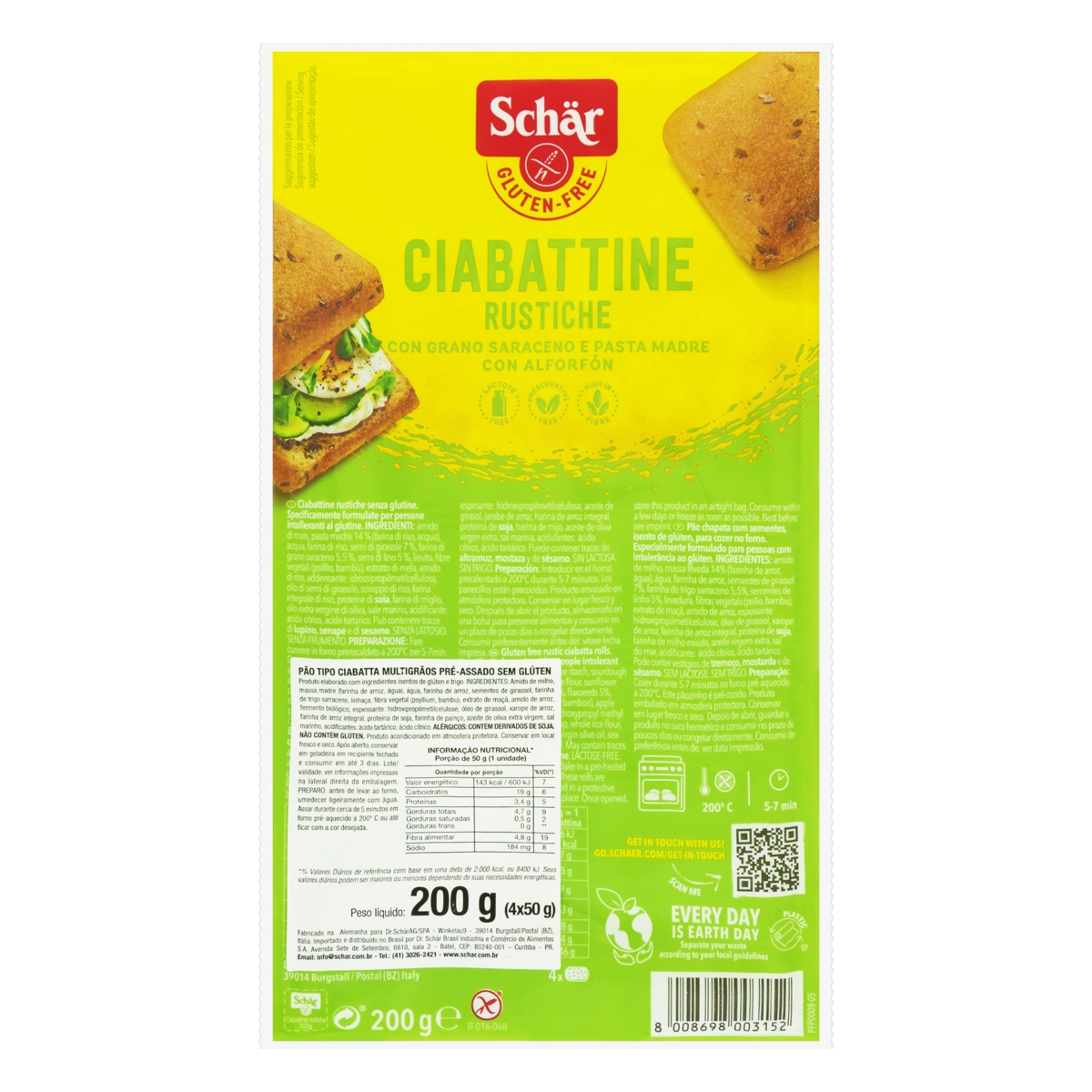 Pão Ciabatta Multigrãos Sem Glúten Zero Lactose Schär Bandeja 200g