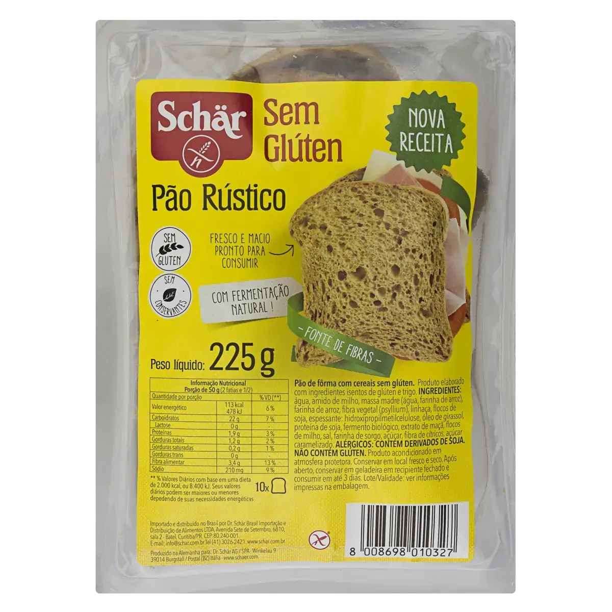 Pão Rústico Cereais Sem Glúten Zero Lactose Schär Pacote 225g