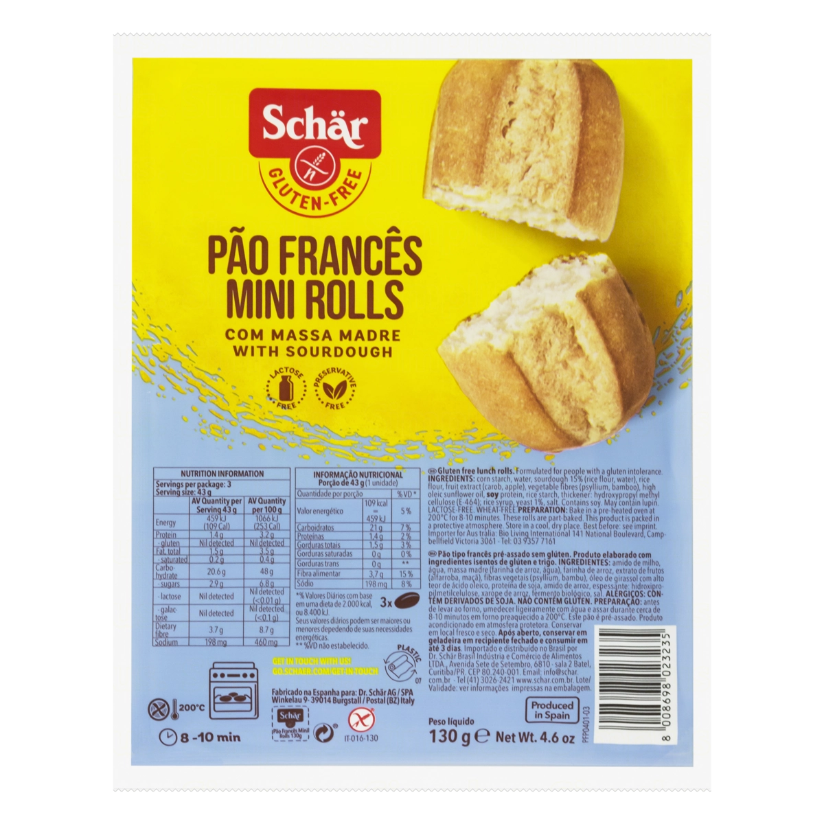 Pão Francês Pré Assado Sem Glúten Zero Lactose Schär Pacote 130g