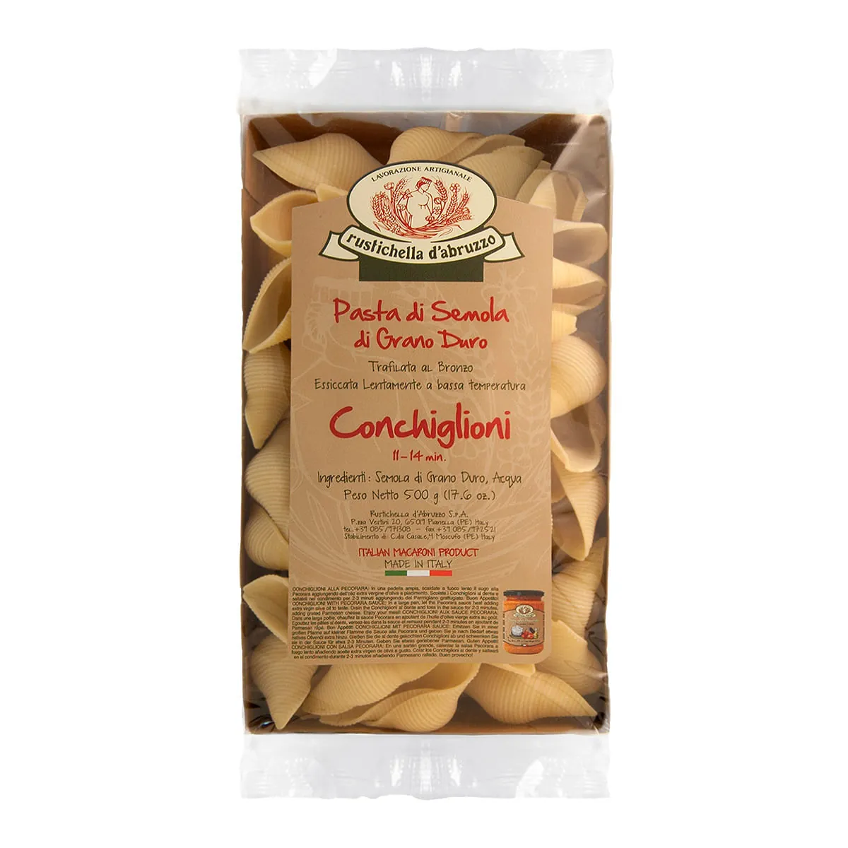Macarrão De Sêmola Grano Duro Trafilata Al Bronzo Conchiglioni Rustichella Dabruzzo Bandeja 500g