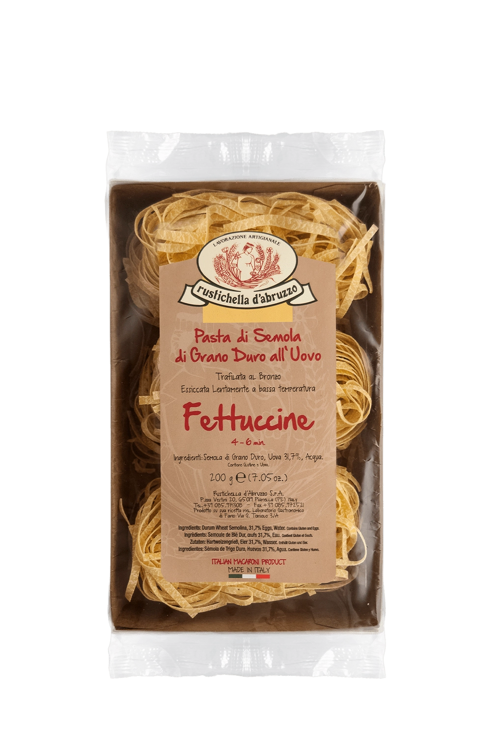 Macarrão de Sêmola com Ovos Grano Duro Trafilata al Bronzo Fettuccine Rustichella d'Abruzzo Bandeja 200g