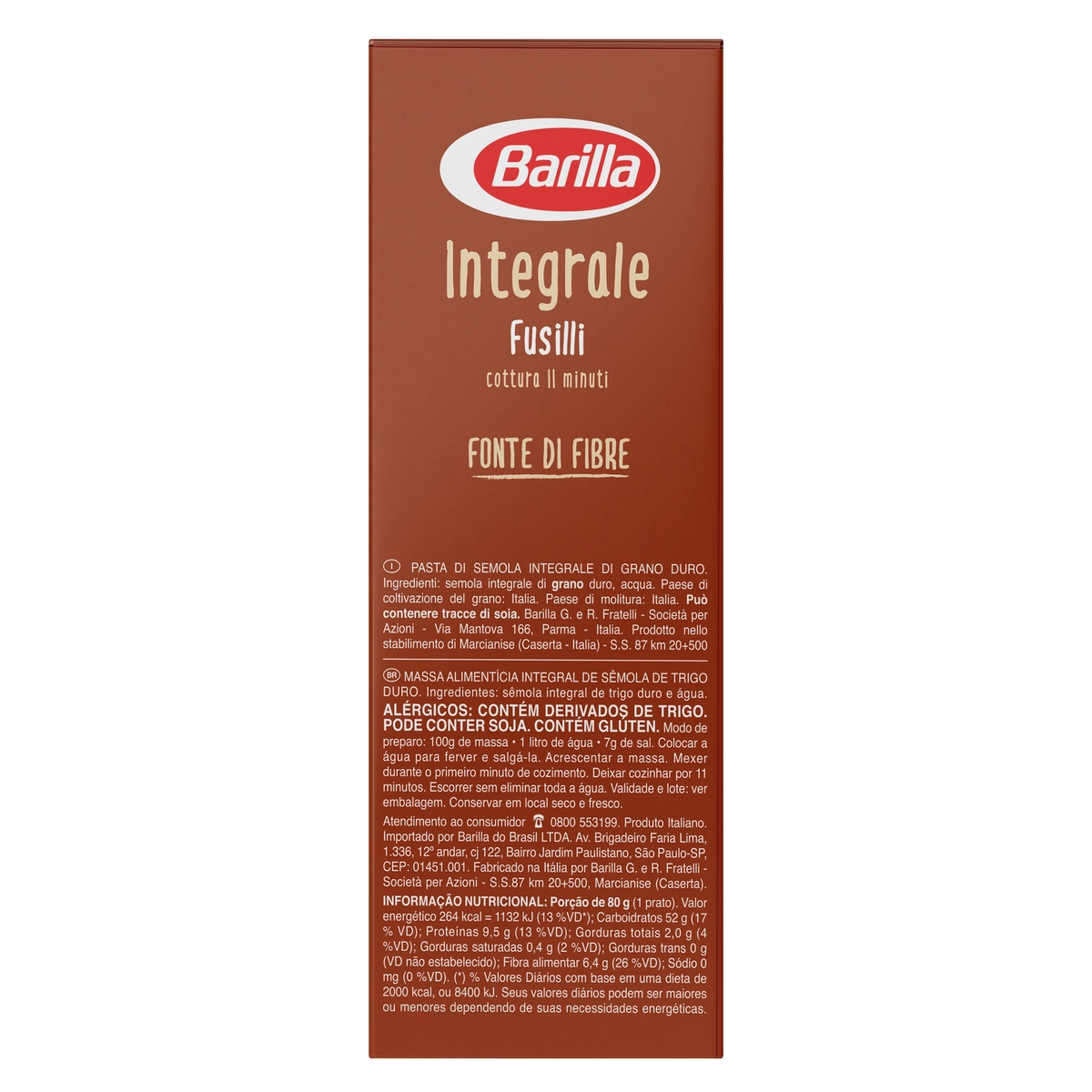 Macarrão Grano Duro Integral Fusilli Barilla Integrale Caixa 500g