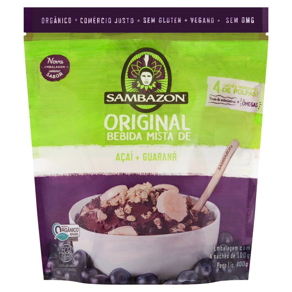 Polpa De Fruta Orgânica Açaí E Guaraná Sambazon Sachê 400g 4 Unidades