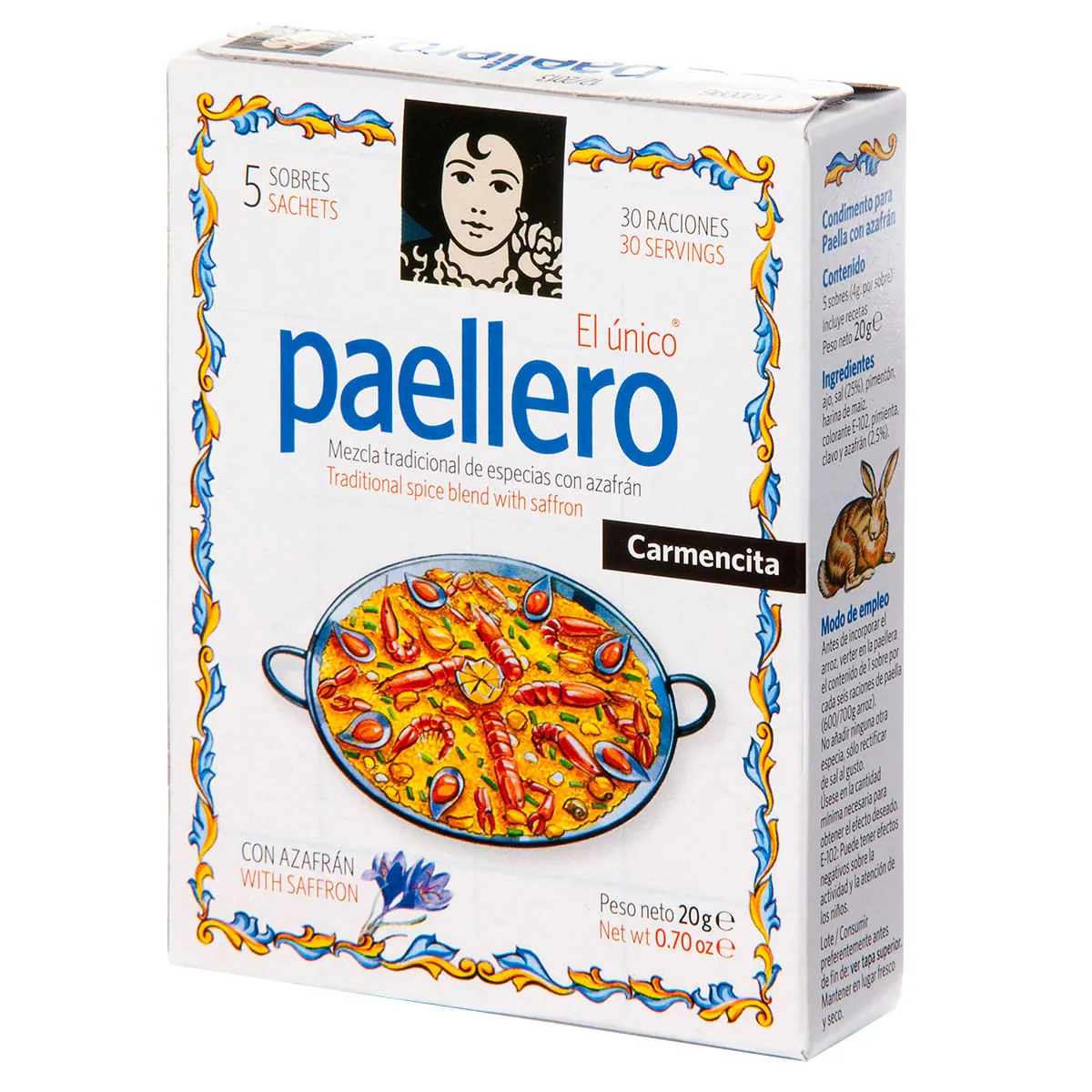 Tempero Pó para Paella com Açafrão Carmencita Paellero Caixa 20g 5 Unidades