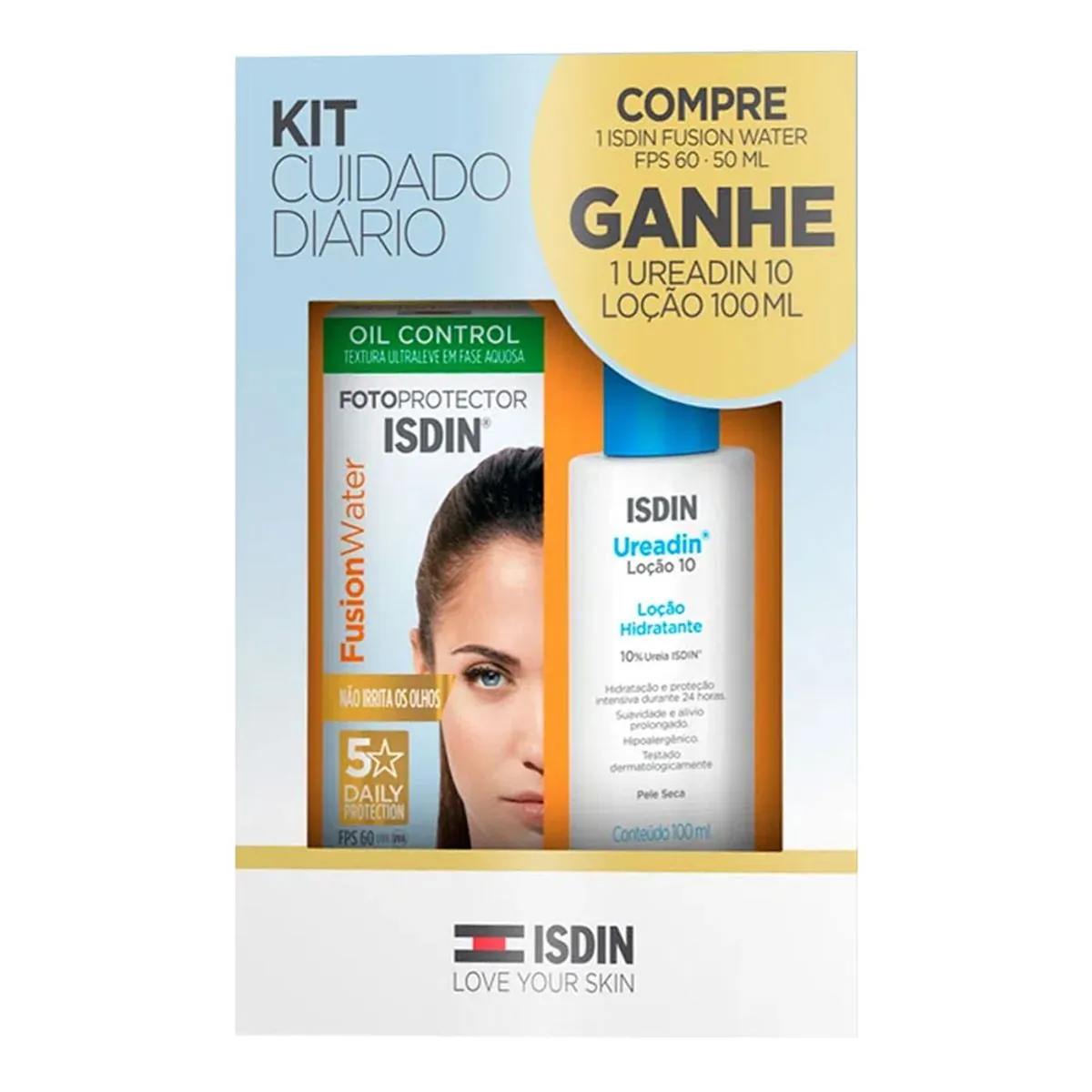 Kit Protetor Solar Facial Toque Seco Fps 60 Fotoprotector Isdin Fusion Water 50ml Grátis 1 Loção Hid