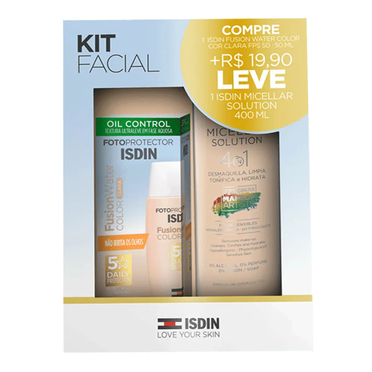 Kit Protetor Solar Com Cor Clara Fps 50 Fotoprotector Isdin Fusion Water Color 50ml água Micelar Fac