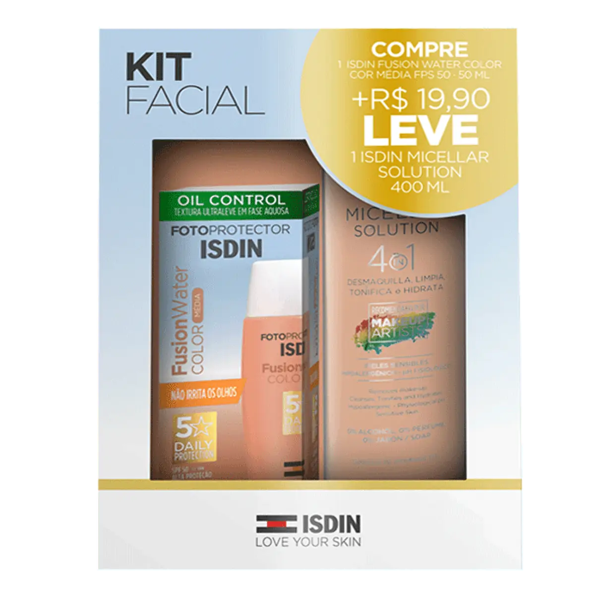 Kit Protetor Solar Com Cor Média Fps 50 Fotoprotector Isdin Fusion Water Color 50ml água Micelar Fac