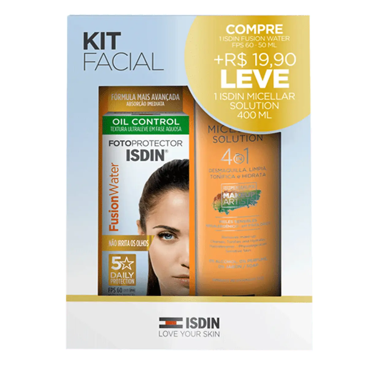 Kit Protetor Solar Fps 60 Fotoprotector Isdin Fusion Water 50ml água Micelar Facial Isdin 400ml