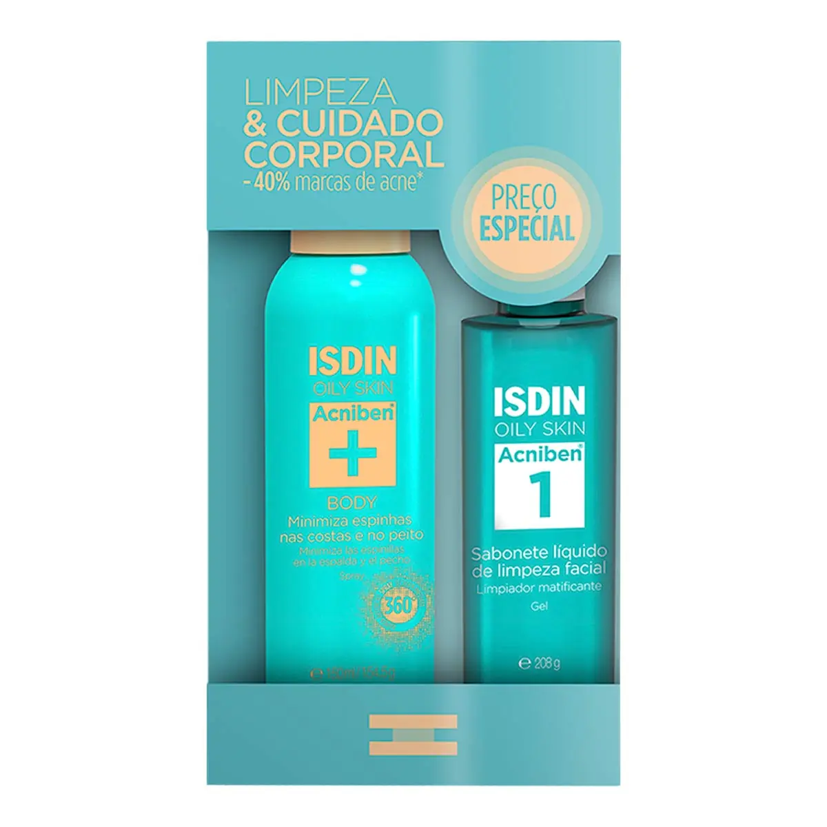 Kit Antiacne Corporal 150ml Spray + Sabonete Líquido Gel Facial 208g Isdin Acniben Oily Skin