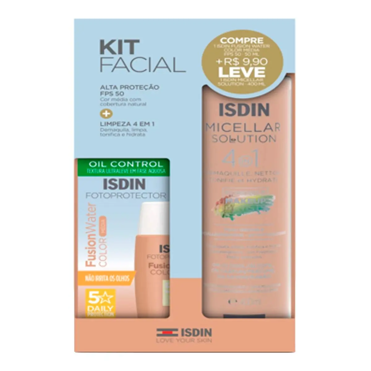 Kit Protetor Solar Facial Isdin Fusion Water Color Cor Média FPS 50 50ml + Água Micelar 400ml