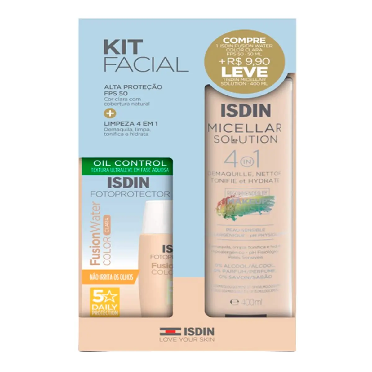 Kit Protetor Solar Facial Isdin Fusion Water Color Cor Clara FPS 50 50ml + Água Micelar 400ml