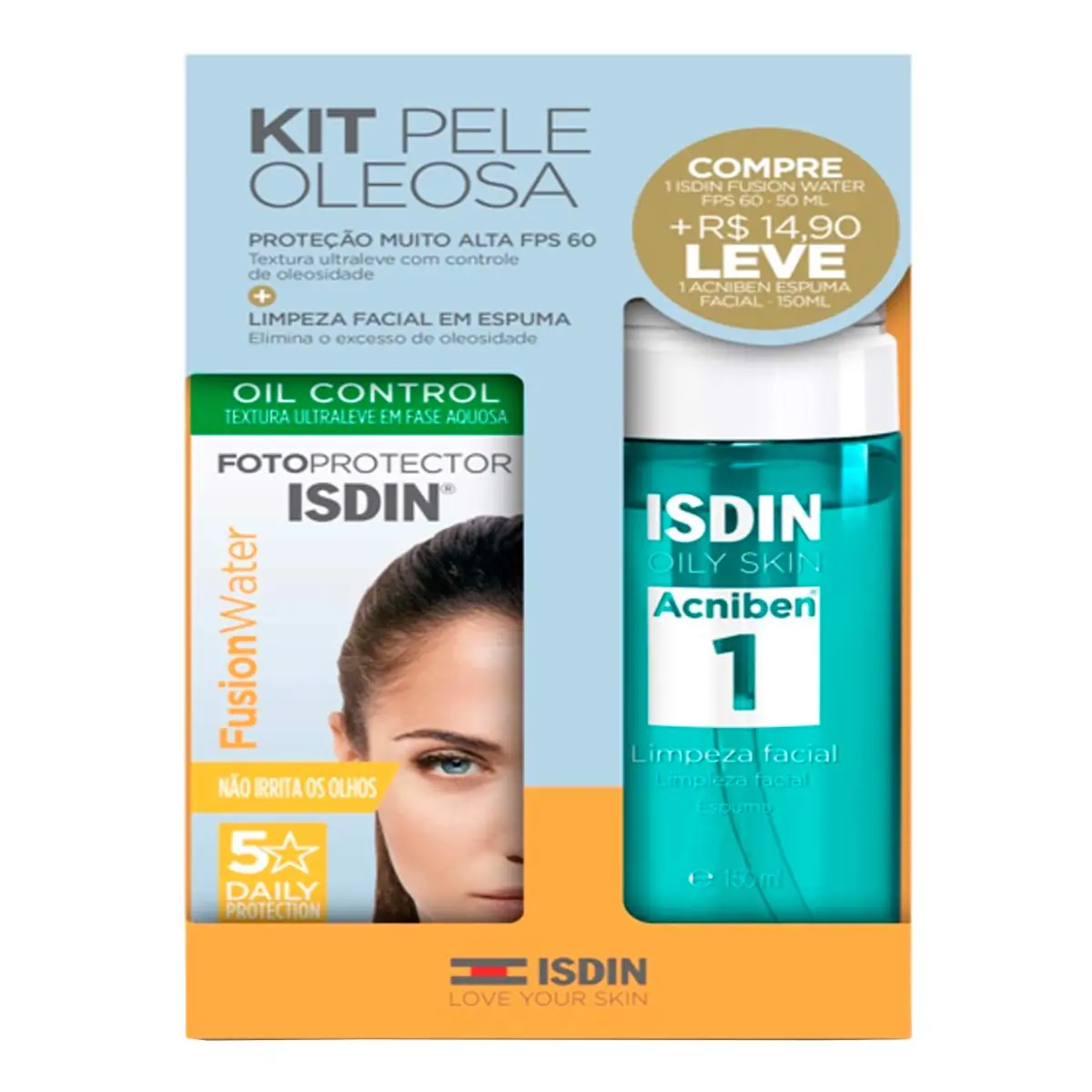 Kit Protetor Solar Facial Isdin Fusion Water FPS 60 Com 50ml + Acniben Espuma Facial 150ml - Kit Pro