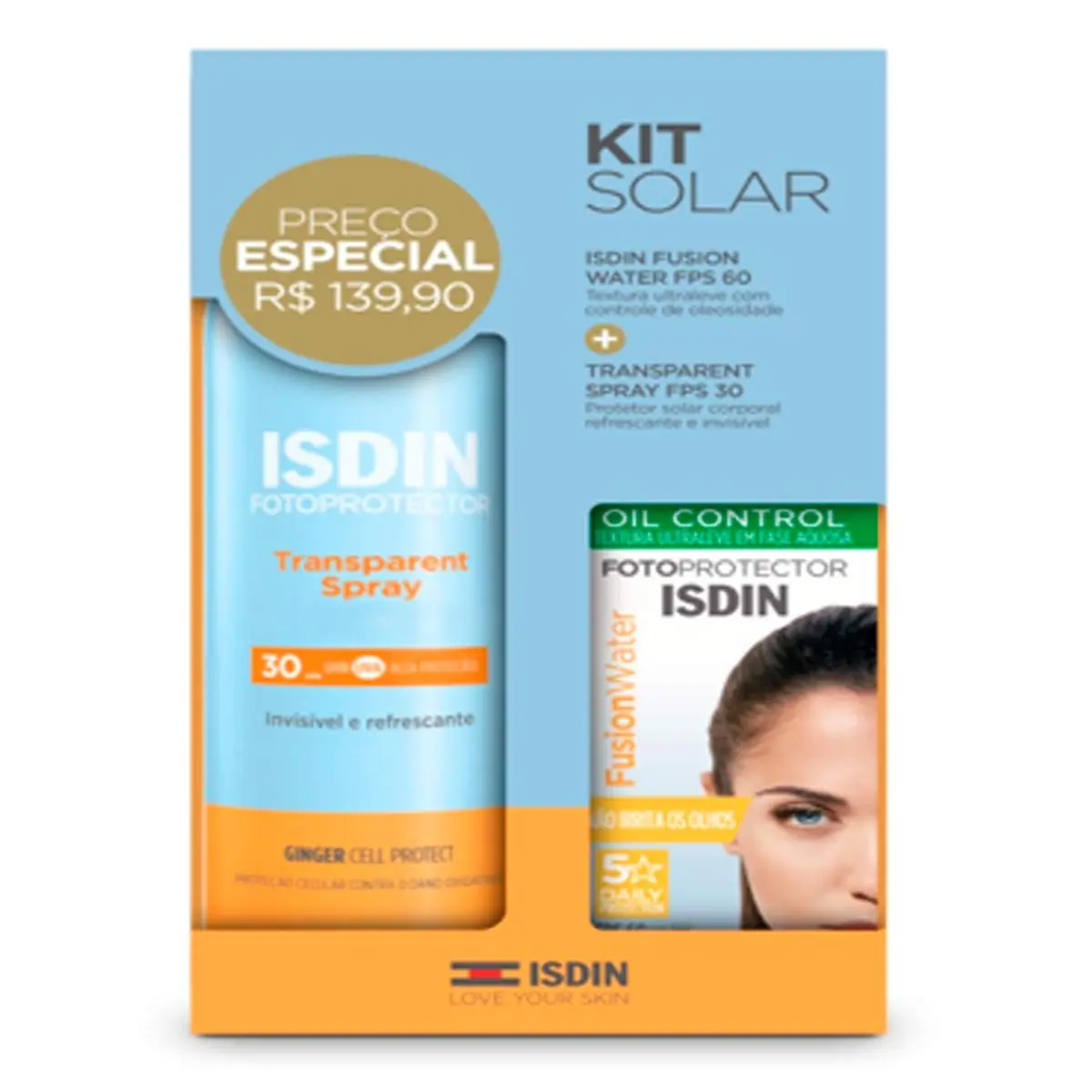 Kit Protetor Solar Facial Isdin Fusion Water FPS 60 30ml + Protetor Solar Corporal Transparente Spra