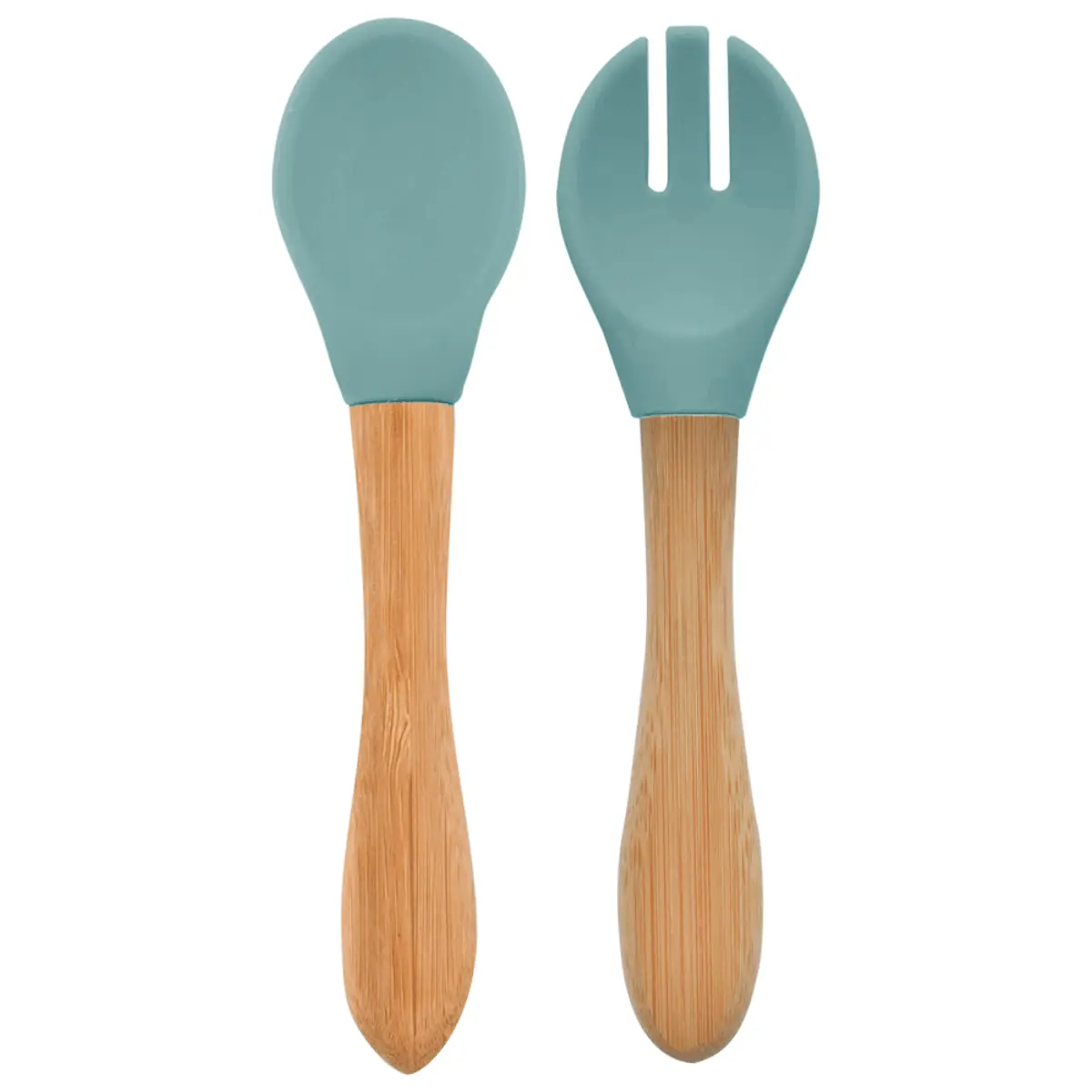 Colher e Garfo Silicone e Bambu Dig In Aqua Green - Minikoioi