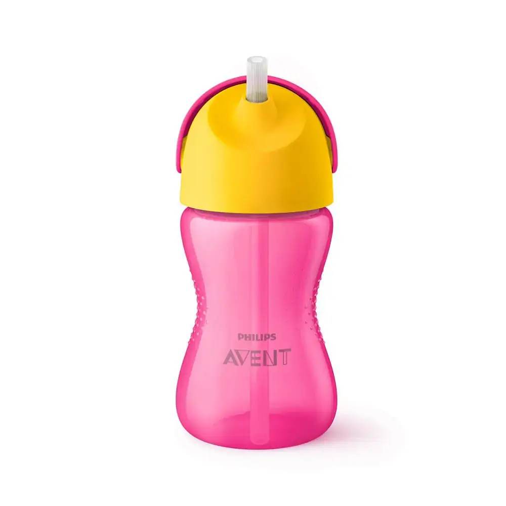 COPO DINOSSAURO C/ CANUDO CURVADO AVENT 300ML ROSA E AMARELO