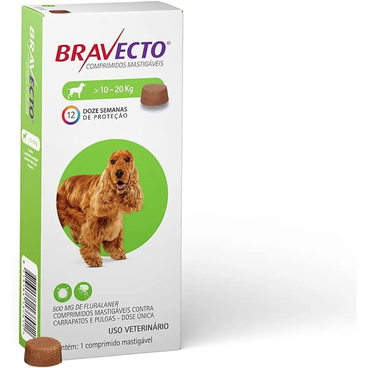Bravecto 10 a 20kg Antipulgas Oral Cães Comprimido Mastigável 500mg 1 Comprimido - 12 Semanas